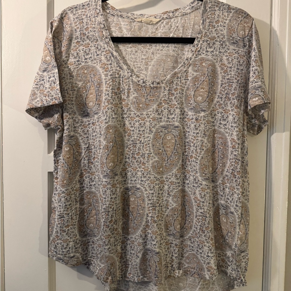 Lucky Brand Short Sleeve Paisley Top - Cream and Brown